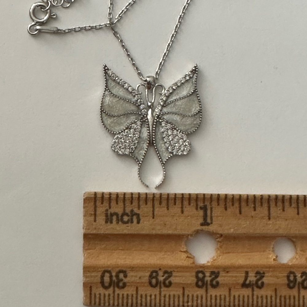 925 silver white butterfly enamel necklace clear cubic zirconia cz stones - Picture 4 of 5